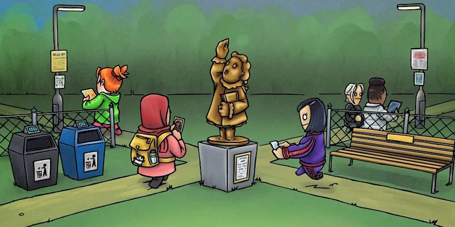 Cartoon drawing of a women walking in a park.
