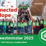 People lined up, each holding a letter, that all together spells Notwestminster. Around the picture is superimposed text containing details of the event.